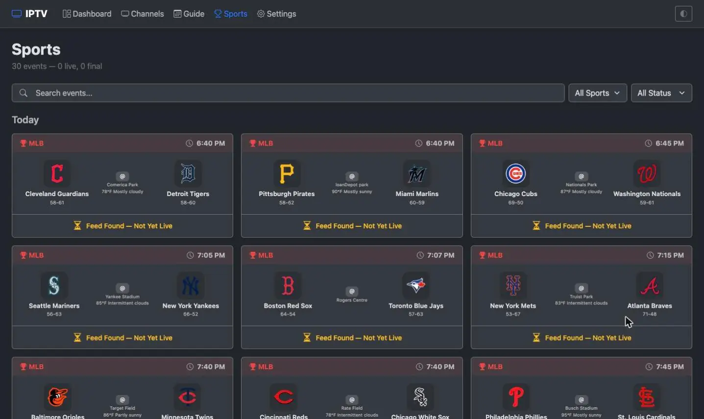 Live sports events listed as channels with team matchup artwork