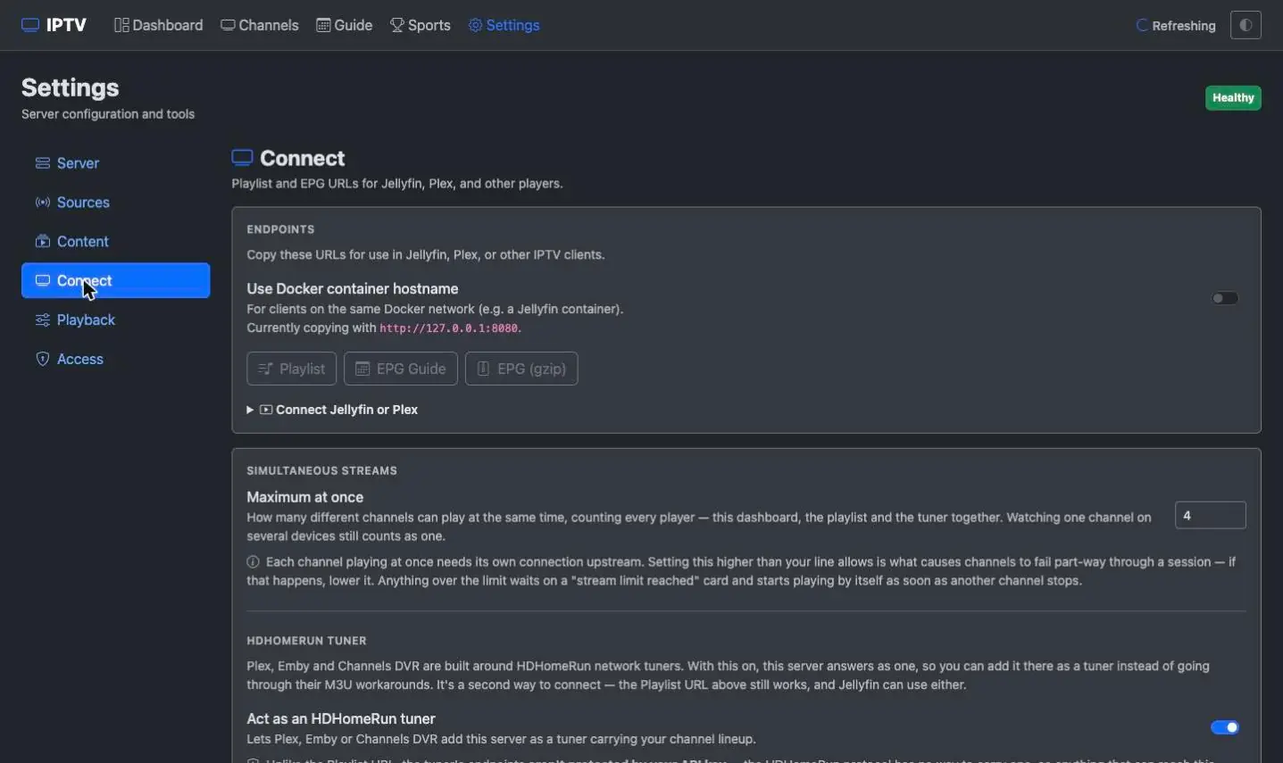 Rebel IPTV Settings Connect screen with copy buttons for the playlist and guide URLs, the simultaneous-streams limit and the HDHomeRun tuner switch