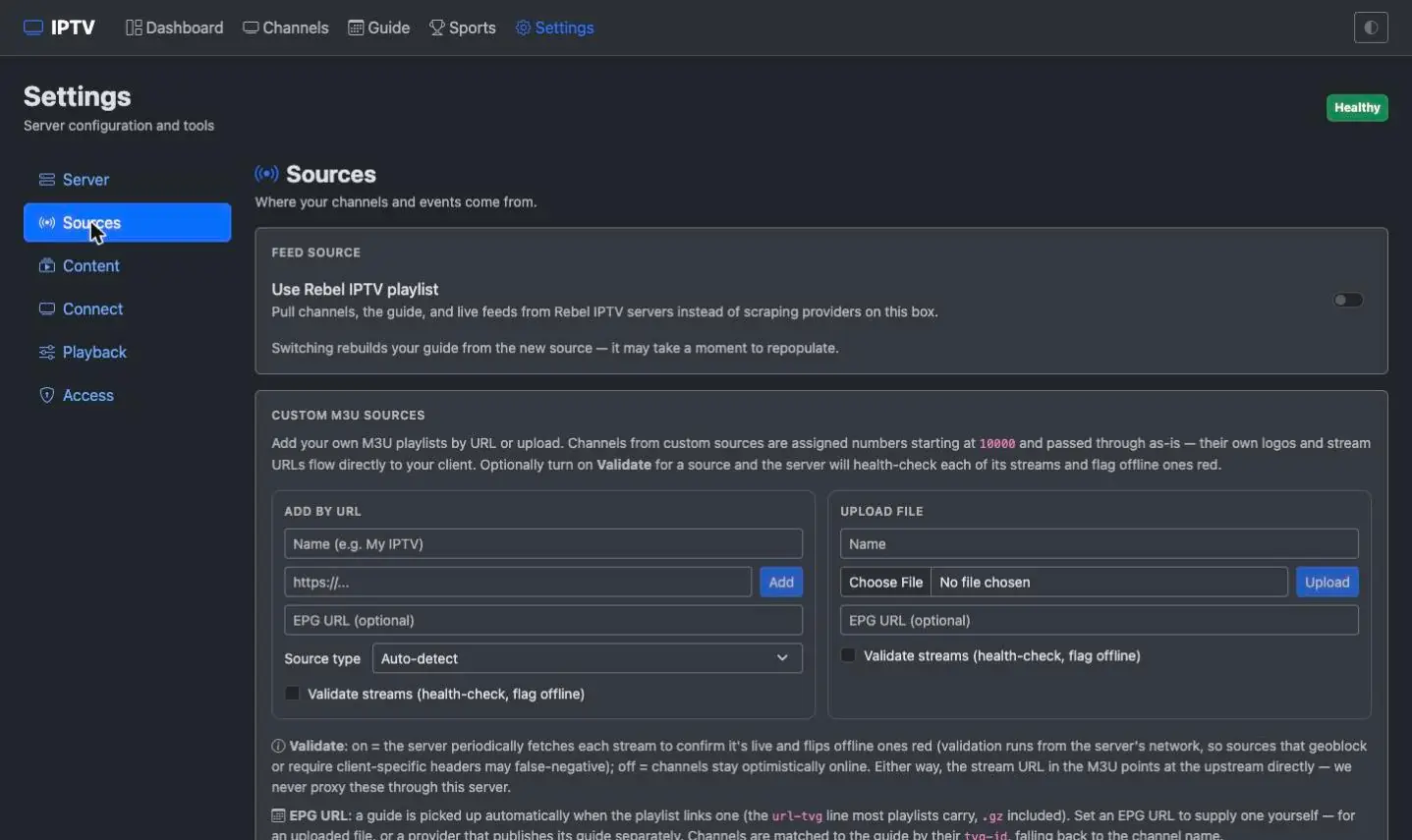 Settings screen showing the local and relay source-mode options