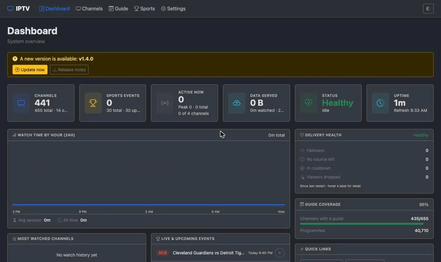 Rebel IPTV dashboard showing a banner announcing a new version with an Update now button